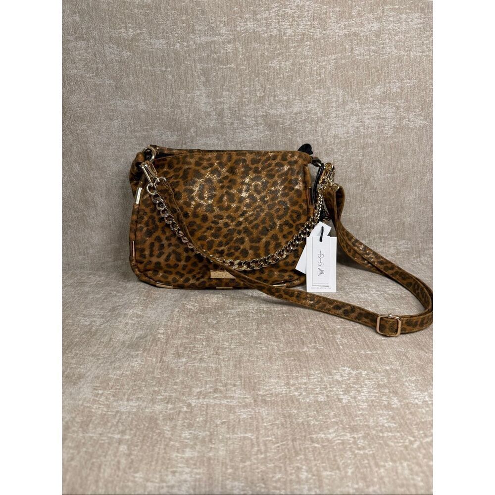 NWT Jessica Simpson Women's Sadie Leopard Print Chain Strap Shoulder Bag Brown